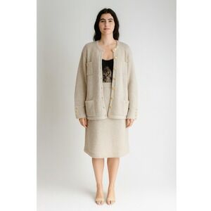 vtg Tanner beige boucle‎ knit skirt cardigan suit 2 piece set 80s